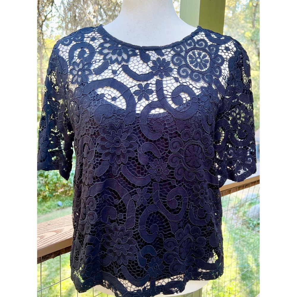 Nanette Lepore Black Floral Guipure Lace Short Sleeve Lined Top Large